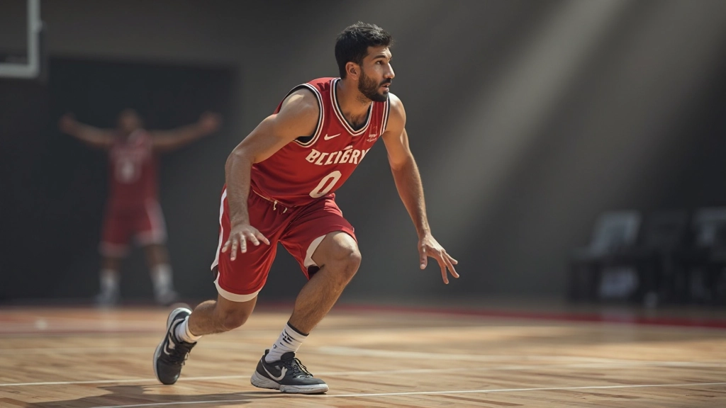 لاعب كرة سلة يقوم بحركات دفاعية سريعة مع التركيز على حركة القدمين